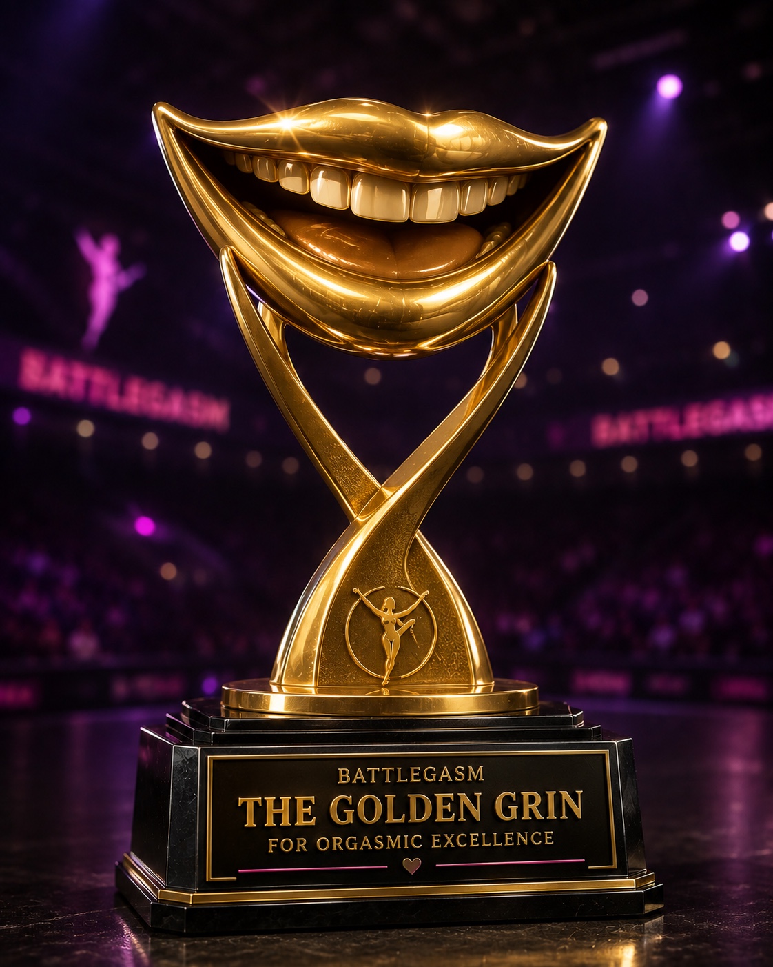 The Golden Grin Battlegasm championship trophy under neon arena lights